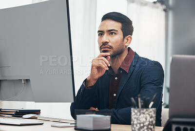 Buy stock photo Business, concentration and man at computer thinking or brainstorming ideas for online project. Planning, analytics and Indian businessman, internet search for startup idea sitting at desk in office.
