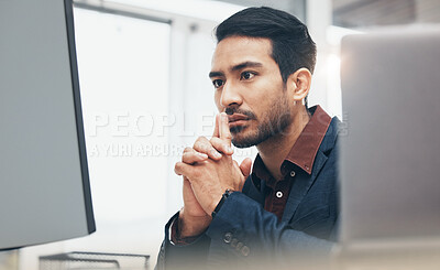 Buy stock photo Office, concentration and face of man at computer thinking or brainstorming ideas for online project. Planning, analytics and Indian businessman on internet search for startup business idea at desk.