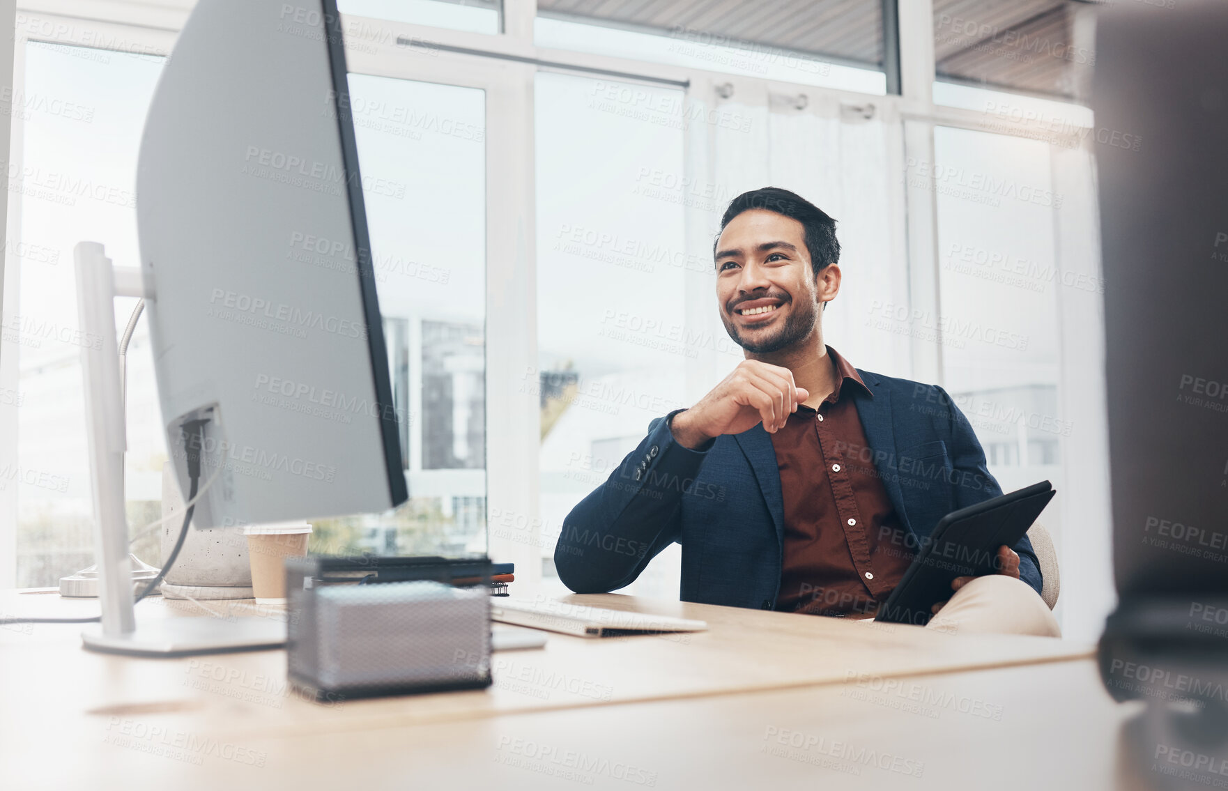 Buy stock photo Corporate asian man, computer and smile in office for email communication, schedule and tablet. Entrepreneur, businessman and focus by desktop for web design, happy or vision with digital touchscreen