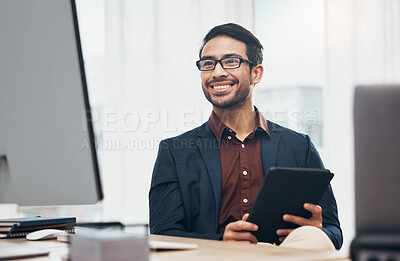 Buy stock photo Business, man and employee with tablet, office and success with data analytics, profit growth and smile. Male entrepreneur, consultant and ceo with device, happiness and planning with online reading