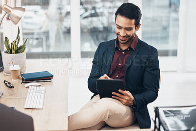 Buy stock photo Corporate asian man, tablet and reading in office for email communication, schedule or planning. Entrepreneur, businessman or focus by touch screen for web design, writing and agenda on digital app