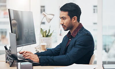 Buy stock photo Laptop, office administration and business man typing on finance spreadsheet, bank software or financial accounting. Bookkeeping data, management profile and consultant problem solving payroll system