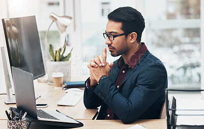Office, concentration and man at computer thinking or brainstorming ideas  for online project. Planning, analytics and Indian businessman on internet  search for startup business idea sitting at desk. | Buy Stock Photo