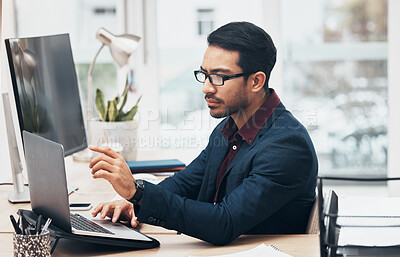 Buy stock photo Laptop, administration and business man focus on finance spreadsheet, bank software or financial accounting. Bookkeeping account data, office gesture and consultant problem solving payroll system