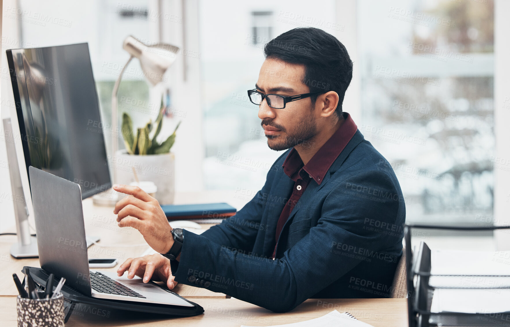 Buy stock photo Laptop, administration and business man focus on finance spreadsheet, bank software or financial accounting. Bookkeeping account data, office gesture and consultant problem solving payroll system