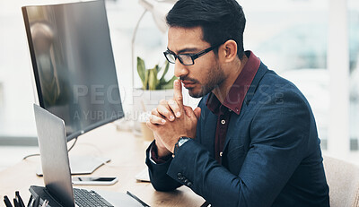 Buy stock photo Office, brainstorming and man at computer thinking of ideas for online project with serious concentration. Planning, analytics and Indian businessman on web search for startup business idea at desk.