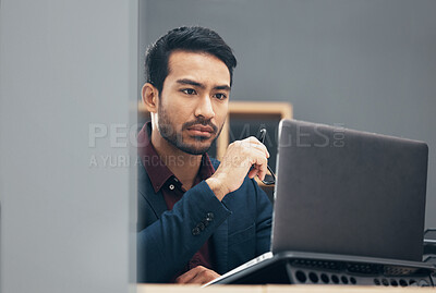 Buy stock photo Administration laptop, problem solving and man reading finance spreadsheet, banking payroll or financial accounting. Bookkeeping bank system, focus and serious face of agent doing budget analysis