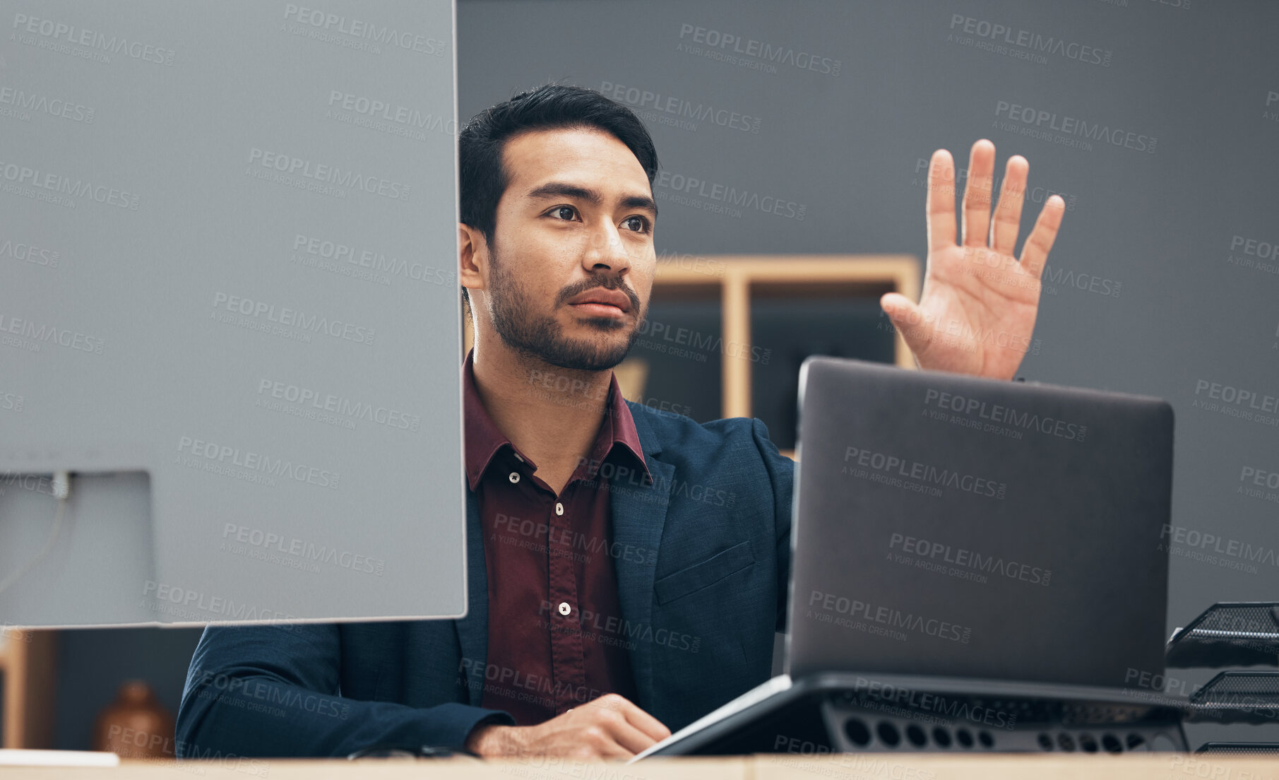 Buy stock photo Laptop, virtual cyber gesture and man work on ux web design, app wireframe or website digital transformation. Information technology, dashboard hud and graphic designer rendering multimedia software
