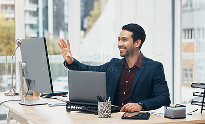 Buy stock photo Computer, invisible screen and business man in office with hand gesture for hologram, virtual tech and ai. Network, technology mockup and male smile at desk with laptop for internet, research and ux