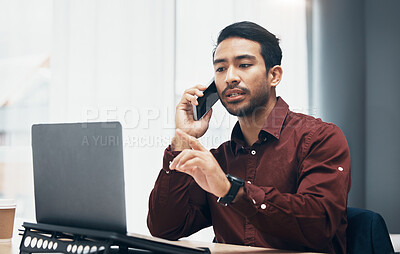 Buy stock photo Phone call communication, laptop and man networking, chat or consulting with business contact. Pointing, problem solving and office person, consultant or manager talking, speaking or in conversation