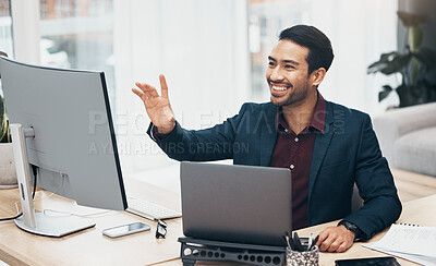 Buy stock photo Invisible screen, technology and business man in office with hand gesture for hologram, virtual tech and ai. Computer, network mockup and happy male at desk with laptop for internet, research and ux