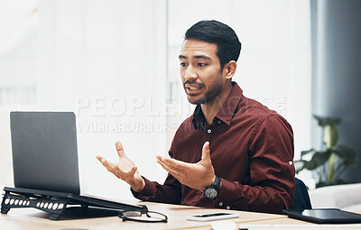 Buy stock photo Video call, laptop and business man in office talking, chatting or speaking. Webinar, online meeting and serious male professional with computer for virtual conference, discussion and conversation.
