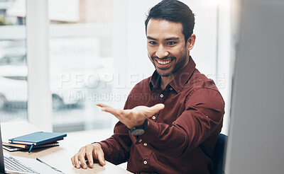 Buy stock photo Invisible hologram, hand and business man in office with gesture for user interface, virtual tech and online ai. Network, 3d technology mockup and happy male at desk for internet, research and ux