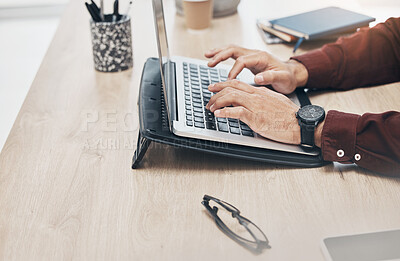 Buy stock photo Business man, hands and laptop keyboard, information technology and tech support and working in office. Typing, glitch or 404 with software update, corporate male at desk with digital problem solving