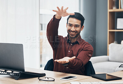 Buy stock photo Virtual design, office or business man gesture, vision and happy planning project development. Wireframe webdesign, interactive UI system or graphic design person rendering product with CAD software 