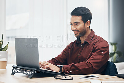 Buy stock photo Asian business man, laptop and smile with typing, schedule or planning for data analysis on web app. Young businessman, satisfied or happiness on mobile computer for agenda, strategy or digital notes