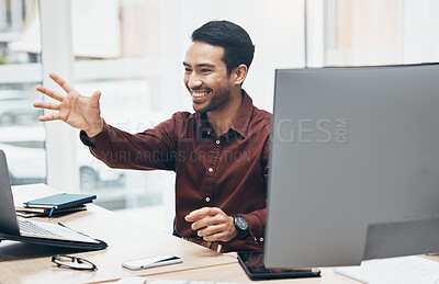 Buy stock photo Invisible screen, hand and business man in office for hologram, virtual tech and ai interface. Network, 3d technology and happy male at desk on computer for internet, online research and digital ux