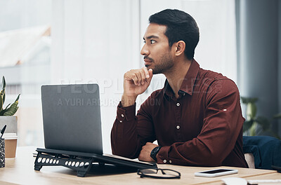 Buy stock photo Laptop, thinking and business man in office contemplating, planning or decision making. Idea, thoughts and pensive professional, problem solving or looking for solution to work project in workplace.