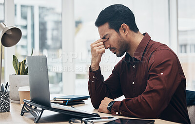 Buy stock photo Laptop, headache or sad man stress over financial crypto problem, forex stock market crash or NFT investment mistake. Burnout profile, 404 fintech fail or tired man worry over bitcoin database glitch