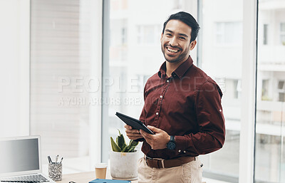 Buy stock photo Asian business man, tablet and portrait with smile for schedule, planning or data analysis on web app. Young businessman, leader or happiness on mobile touchscreen for agenda, goals or digital notes