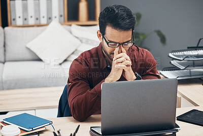 Buy stock photo Business, headache and man in office, burnout and laptop for planning, deadline and burnout. Male employee, manager and leader with device, stress and new project with pain, overworked and anxiety