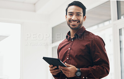 Buy stock photo Happy asian business man, tablet and portrait for schedule, planning or data analysis on web app. Young businessman, leader or happiness on mobile touchscreen for agenda, strategy and digital notes