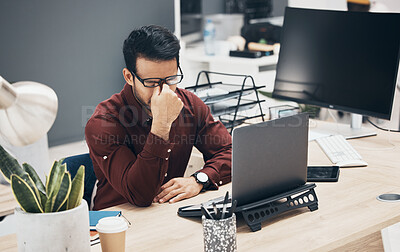 Buy stock photo Employee, headache and man with burnout, stress and laptop or depression in workplace, for schedule. Male entrepreneur, consultant and worker with migraine, planning and device with anxiety