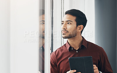 Buy stock photo Tablet, window and Indian man thinking, concentration and planning digital business project idea. Startup, development and assessment online for new property design, architect brainstorming in office