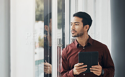 Buy stock photo Tablet, window and Indian businessman thinking, concentration and planning digital project idea. Startup, development and assessment online for new property design, architect brainstorming in office.