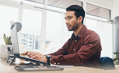 Buy stock photo Business man, laptop and information technology, tech support and serious while working in office. Typing, glitch or 404 with software update, corporate male at desk with digital problem solving