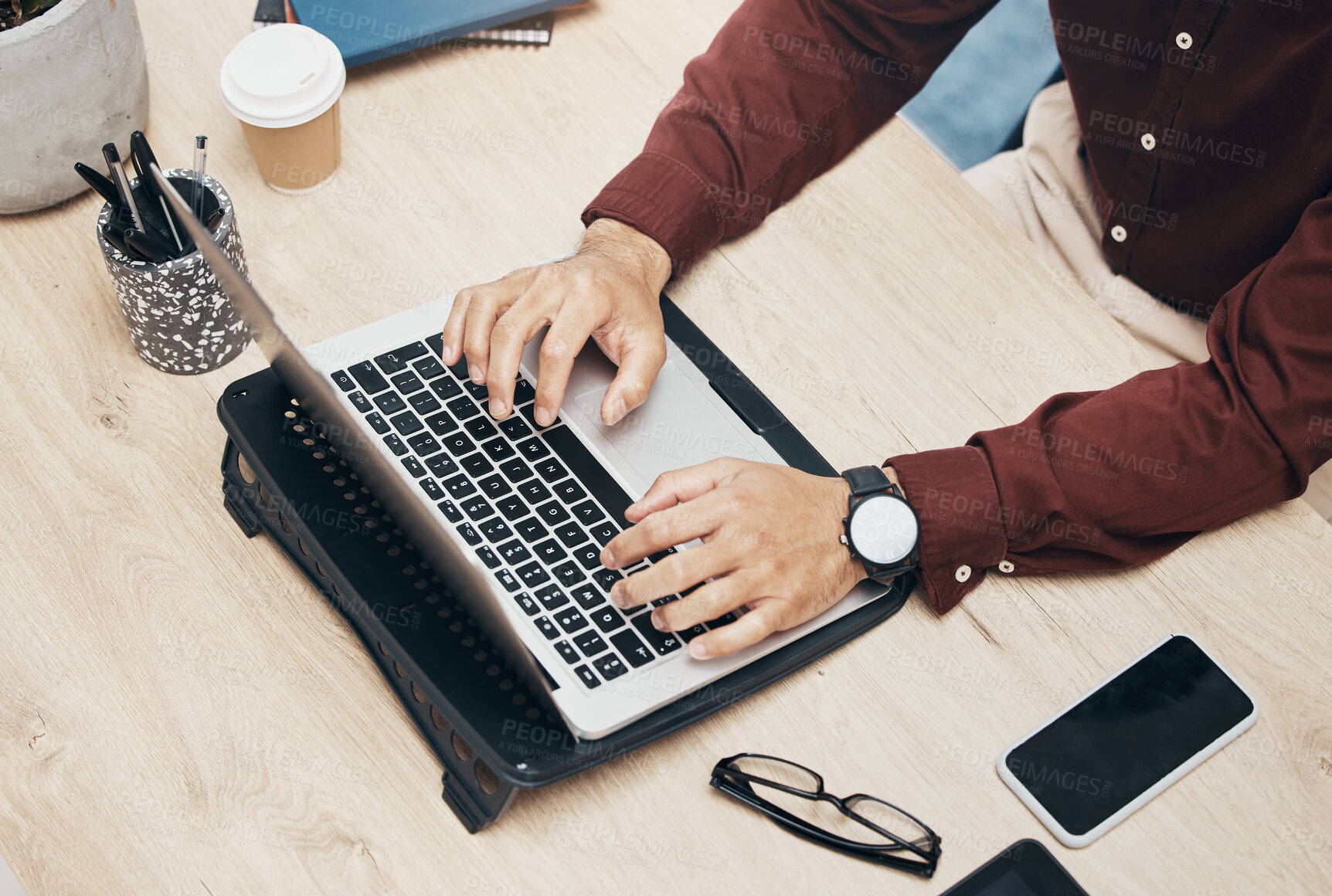 Buy stock photo Business man, hands and laptop on desk, information technology and tech support top and working in office. Typing, glitch or 404 with software update, keyboard and male with digital problem solving