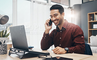 Buy stock photo Networking phone call, laptop and man listening to funny joke from digital business contact. Happiness, communication chat and happy person, consultant or manager talking, speaking or in conversation