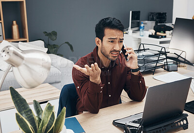 Buy stock photo Frustrated phone call, laptop problem and man talking to tech contact for computer glitch, 404 error or database crash. System crisis, stress and person consulting on website glitch or software fail
