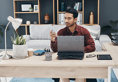 Buy stock photo Asian man, phone and texting in office for email communication, corporate schedule and laptop. Entrepreneur, businessman or focus with smartphone for networking, tech and web chat app with digital ux