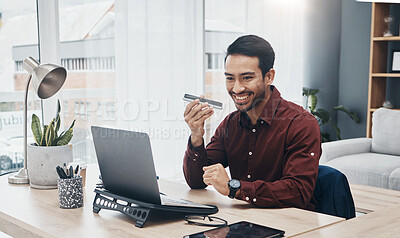 Buy stock photo Speaker phone call, laptop or happy man in conversation, networking or consulting with digital communication contact. Recording app, text to speech software or office consultant talking on voice note