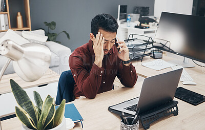 Buy stock photo Phone call stress, frustrated or man talking to tech contact for computer glitch, user database error or 404 system crash. Crisis, communication problem or person consulting on website software fail