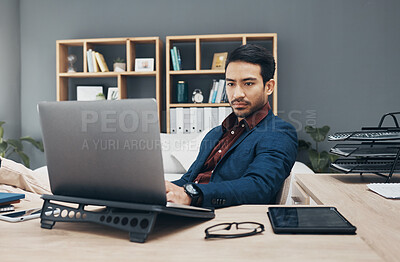 Buy stock photo Business, man and laptop for digital planning, thinking or typing for ideas, data analytics or search internet. Male employee, entrepreneur or manager with device, concentration or research in office