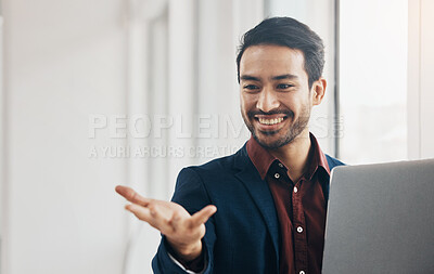 Buy stock photo Man, hand and invisible space in office with laptop for mockup with happiness, email and agenda. Asian entrepreneur, businessman and happy with computer for mock up, product placement and vision