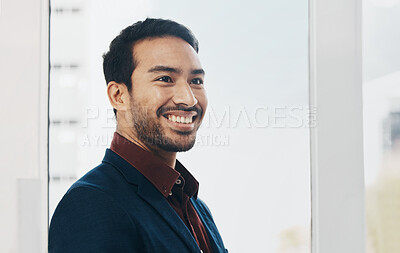 Buy stock photo Agent, face or happy business man, office manager or leader smile for startup company growth. Management success, corporate employee or relax Bangladesh worker, businessman or professional consultant