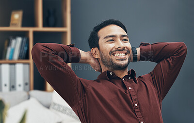 Buy stock photo Relax, smile and business man in office after completing project or task in workplace. Success, calm thinking and happy male professional relaxing or resting after finishing working goals or targets.