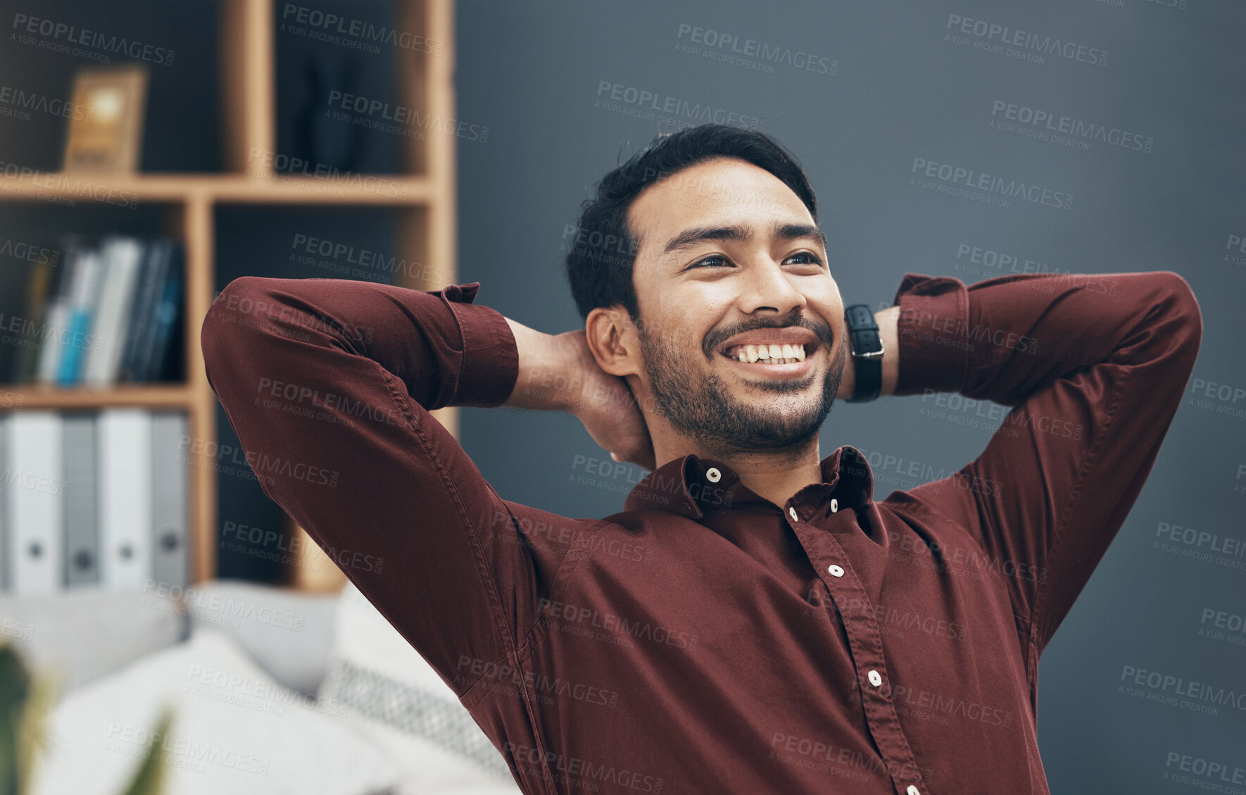 Buy stock photo Relax, smile and business man in office after completing project or task in workplace. Success, calm thinking and happy male professional relaxing or resting after finishing working goals or targets.