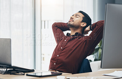 Buy stock photo Corporate asian man, rest and stretching in office for stress, tired or burnout with eyes closed. Entrepreneur, businessman and fatigue with computer for web design, frustrated or overworked at desk