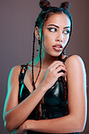 Fashion, makeup and black woman in studio with gen z aesthetic, punk and rocker on brown background. Grunge, edgy and cool girl posing, creative and confident with contemporary, style and attitude