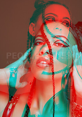 Buy stock photo Portrait, overlay and woman with creativity, aesthetic and double exposure on brown studio background. Face, female punk and lady with neon lights, special effects and artistic style with confidence 