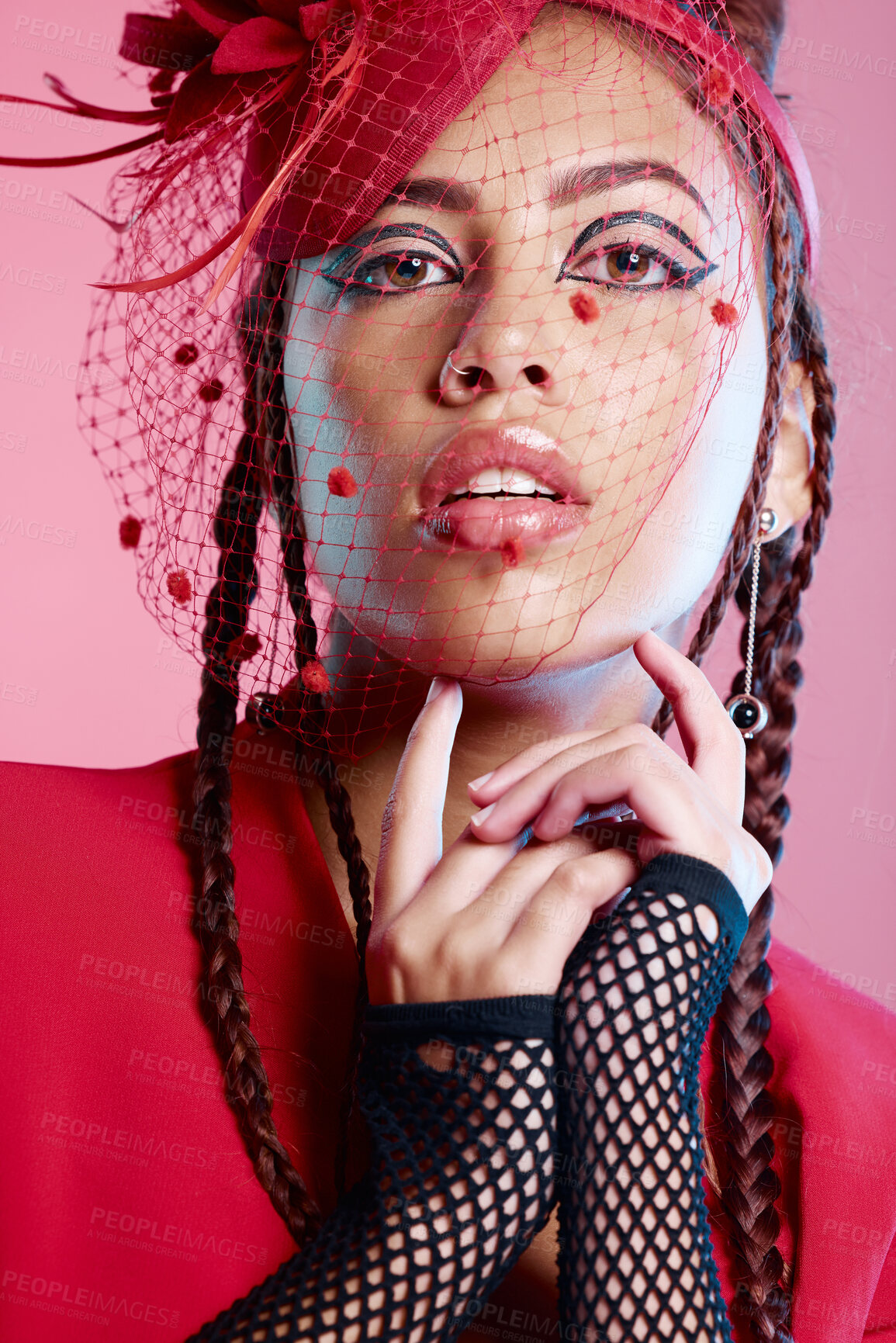 Buy stock photo Punk, rock and portrait of a young woman with creative designer, fashion and edgy clothing. Isolated, pink background and gen z latino model beauty with cool, rocker and funky style in a studio