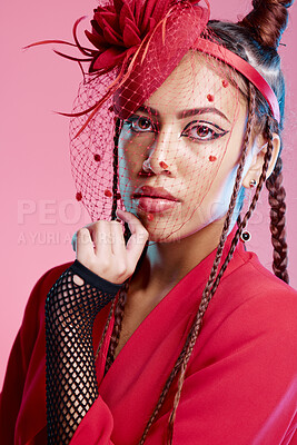 Buy stock photo Punk, metal and portrait of a young woman with creative designer, fashion and edgy clothing. Isolated, pink background and gen z latino model youth with cool, rocker and funky style in a studio