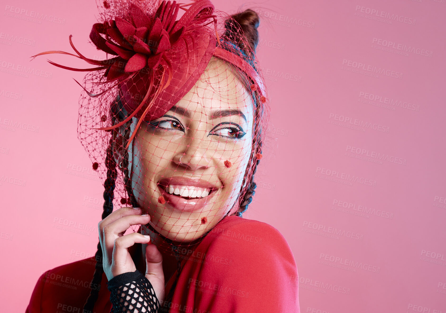 Buy stock photo Punk, rock and mockup of a young woman with creative, designer fashion or edgy clothing. Thinking, pink background and gen z latino model with cool, rocker or funky style for beauty in a studio