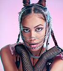 Black woman, punk portrait and chain mask with metal, rock or bdsm aesthetic by pink background. Gen z model, sexy and grunge with trippy, psychedelic and creative with steel jewellery, face and art