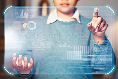 Buy stock photo Woman, hands or hologram screen in night office on financial management, stock market trading or business growth data. Zoom, worker or finger on abstract touch for chart, graph or interactive finance