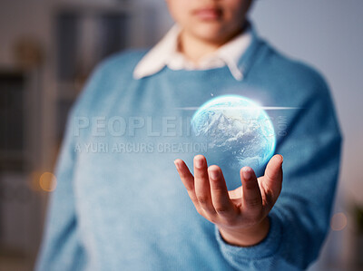 Buy stock photo Business woman, hand or world hologram in night office on globalization trading, networking software or smart globe. Zoom, worker or employee and 3d earth, abstract or future international investment